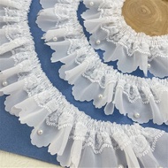 [4055 People] 5cm Wide White Chiffon Beaded Three-Dimensional Pleated Lace Cuff Skirt Pet Doll Cloth