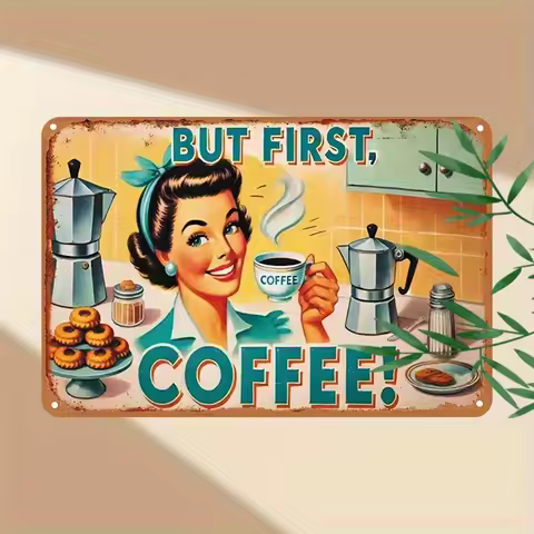 2D Flat - 1pc Vintage "But First, Coffee!" Aluminum Tin Sign - 12x8 Inch Retro Wall Art with Coffee-