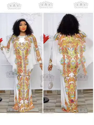 Summer Women Long African Design Chiffon Dress With Bat Wings Diamond Printing Fashion For Lady（CPXF