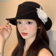 SEVENHOME3E Black Knitted Hat, French Style Floral Hepburn Style Topper Hat, Elegant Lace Wide Brim 