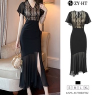 ZYHT eravogue Đầm Body Khí chất cổ chữ v vải ren Tay áo lá sen Màu đơn giản đầm ren phối lưới giá rẻ