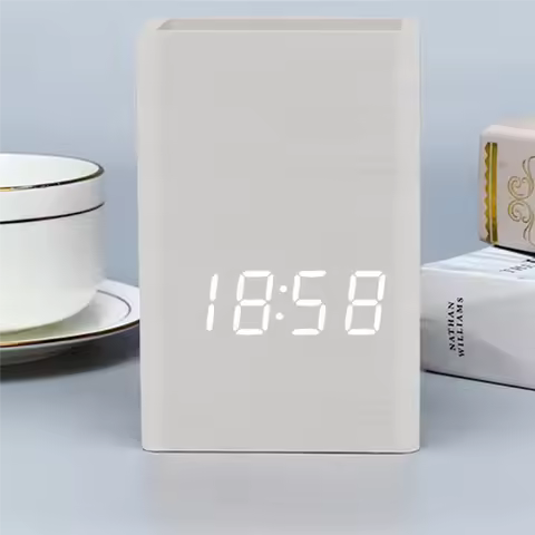 J1UL1N Creative Pen Holder Clock LED Electronic Clock Desktop Pen Holder Student Stationery Voice Co