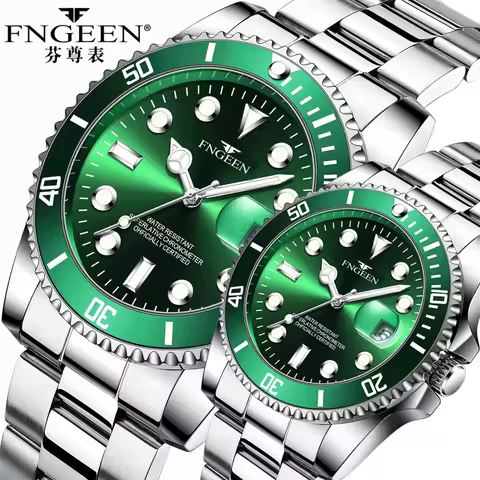 FNGEEN Water Ghost Couple Watch Big Dial Green Waterproof Calendar Date Luxury Men Women Round Quart