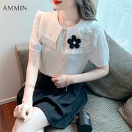 AMMIN Áo Sơ Mi Trắng Cổ Áo Mùa Hè Bằng Ren Mới Búp Bê Vải Ren Áo Chic Cá Tính Thời Trang Hàn 