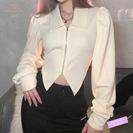 ✦Ready Stock✦ baju t shirt perempuan lengan panjang wanita Vintage lapels irregular tuxedo long sleeve t-shirt versatile slim tiramisu plus size design zip top women