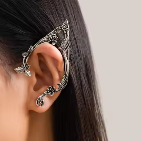 Goth Alloy Elf Ear Clip Korean Style Ear Cuff Rose Flower Hollow Ear Clips Ear Hook Outline Hallowee