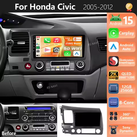 Plug and Play Android 15 For Honda Civic 8 FK FN FD 2005 - 2012 2K QLED Android Car Radio Multimedia