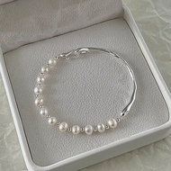 Women's Freshwater Pearl Half Bangle Bracelet Silver Hand Jewelry