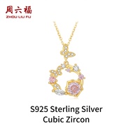 Zhou Liu Fu สร้อยคอ S925เงินสเตอร์ลิงน่ารักลูกบาศก์เซอร์โคเนียสีชมพูสร้อยคอพร้อมจี้สำหรับเด็กผู้หญิง