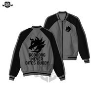 EVRD CLOTHING - Men's Varsity Bomber Jacket Never Bites Buddy GODDOG Taslan