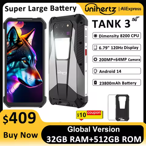 Unihertz 8849 Tank 3 by Smartphone 5G 32GB+512GB 200MP 120Hz 23800mAh 120W Charger Cell Phone Dimens