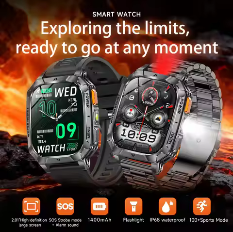 Men Outdoor Sports Smart Watch 2.01inch Large Screen LED Flashlight SOS Health Monitoring 1400mAh Lo