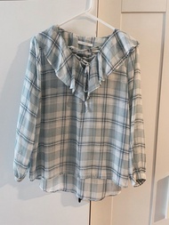 韓國牌子 cherrykoko 斷貨靚款 少女氣質清新薄荷綠色格仔圖案繫帶荷葉邊雪紡恤衫 上衣 長袖衫 雪紡衫 襯衫 girly and sweet mint color check pattern 