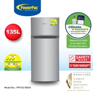PowerPac 135L 2 Door Mini Fridge + Freezer, shelves, crisper, anti-bac Filter, optimal door seal, te