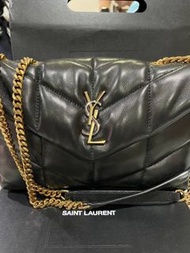 YSL PUFFER系列縫線小羊皮金色金屬LOGO金鍊斜背包(迷你-黑620333-1EL07-1000)