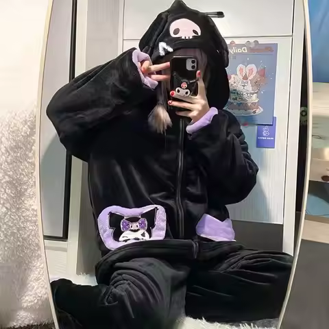 Sanrio Kuromi Winter Sleeping Pajamas Kawaii Cartoon Female Winter Nightwear Pant Long Sleeve Pyjama