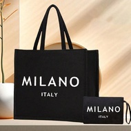 กระเป๋าผ้าลินิน ประกอบด้วยกระเป๋าพิมพ์ลาย "MILANO ITALY" และกระเป๋าขนาดเล็กพิมพ์ลาย ตัวอักษร ดอกไม้ 