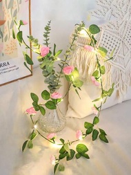 1入組綠葉玫瑰串燈，白色/粉色玫瑰可選，2米20 LED燈泡，適用於家庭臥室裝飾，由3顆AA電池供電(不包括電池)