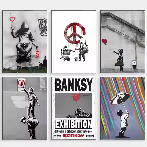 Banksy Graffiti Artwork Canvas Painting Girl with Red Balloon Poster Black White Poster Abstract Wal