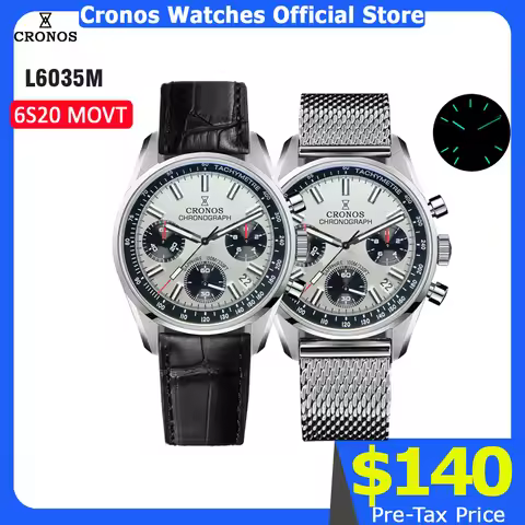 Cronos Chronograph Quartz Men Watch Miyota S620 Black&White Panda Dial Sapphire 10 ATM Tachymetre Le