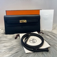 Hermès Kelly to go金典皮長夾肩背 黑色金扣