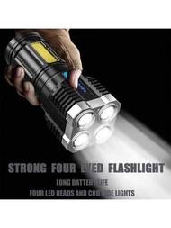 1個高亮度led手電筒,四個燈泡和usb充電&amp; Cob側光,多功能和高功率聚光燈,適用於釣魚和夜晚工作,四核便攜戶外手電筒