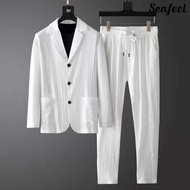 [SEA] 1 Set Autumn Men Blazer Pants Stripe Pleats Jacket Drawstring Pants Casual Suit for Wedding
