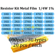Resistor Kits 600pcs 1/4W 1% 30 types, 20pcs each 10R 1K 10K 1M Ohm Starter Kit Electronics Bundle S