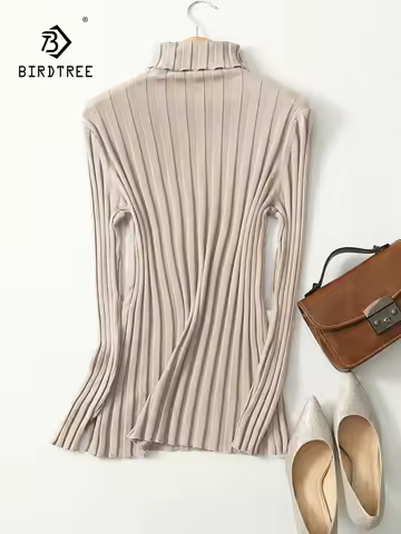 Birdtree 70% Silk 15% Cashmere Elegant Sweater, Women Turtleneck Ribs Solid Slim Pullover, 2025 Fall