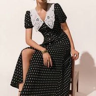Women's Black White Polka Dot Vintage 1940s Short Sleeve Dress Single-Breasted Slit Waist Cinching F