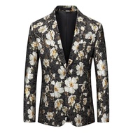 Mens Fashion Floral Printing Long Sleeve Blazer Men Business Casual Slim Fit Party Single Breasted Suit Jacket for Men