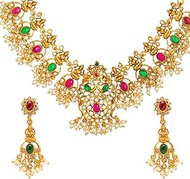 Traditional Indian Handcrafted Antique Gold Plated Matte Traditional Kundan,CZ, Studded Jewellery Necklace set With Matching Earring For Women (SJN_146), Brass, Cubic Zirconia