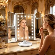 3-Fold Lighted Makeup Mirror With Touch Screen, 21 LED Lights, 10X/3X/2X/1X Magnification, Dual Powe