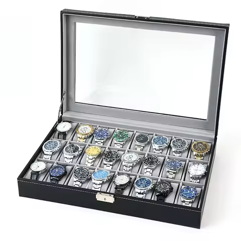 New 24 Slots Watch Storage Box PU Leather Wooden Watch Box Organizer 24 Grids Watch Display Case Jew