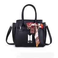 BTS Vinyl Logo Kpop Group Leather Tote Shoulder Bag with Free Scarf + BTS Photocard