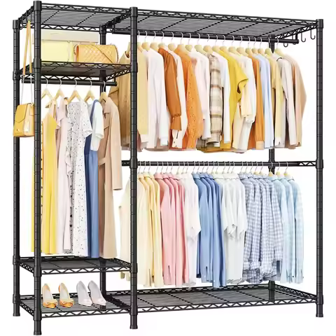 F7 Garment Rack, Heavy Duty Clothes Rack, Clothing Racks for Hanging Clothes, 6-Tiers Freestanding P