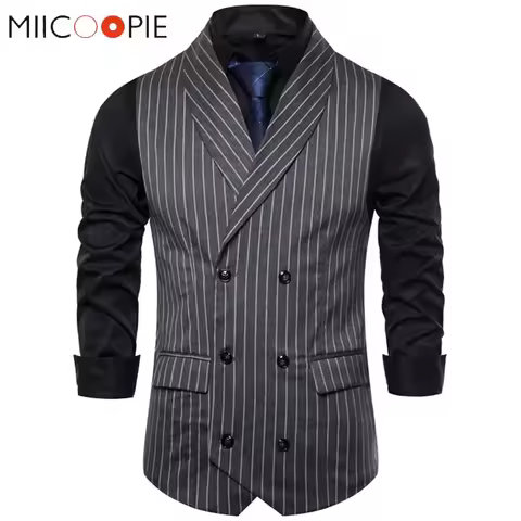 Mens Waistcoat Stripe Plaid Formal Suit Vest Men Fashion Casual Double Breasted Sleeveless Gilet Mal