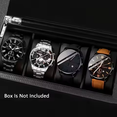 4-Piece Men's Fashion Watch Set, Quartz Movement, Round Zinc Alloy Case, Faux Leather Stainless Stee