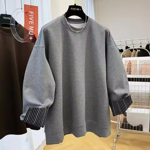 Unique Shirt Patchwork Fake Two-Piece Super Good Looking Spring Autumn Women's Loose Feeling round N