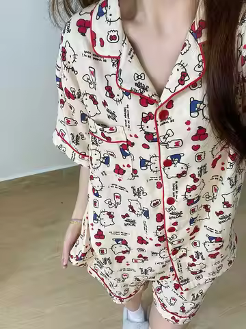 Women's Hello Kitty Polka Dot Short Sleeve & Shorts Pajama Set Summer Loungewear