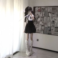 Korean Sweet Gothic Style Outfit: White Shirt & Black Suspenders Short Skirt