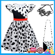 Cruella De Vil Costume For Kids Girl Evil Black White Dress Mask Bag Wig SetHalloween Party Cosplay 