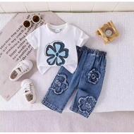 DBOX LONG EMBROIDERED FLOWER DENIM SET FOR GIRLS AGED 1-5 YEARS SHORT SLEEVES WITH RUBBER WAIST