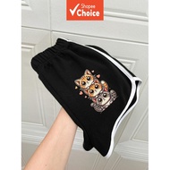 Black Cute Cat Print Short Pants For Women High Waist And Block Contrast Striped Pants Short Pants W