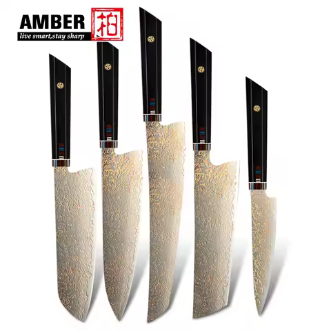 Amber VG10 Damascus Steel Kitchen Knife Set with Resin Handle, Damascus Chef Knife Set, Latest Style