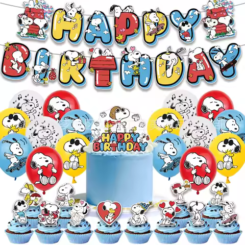 Snoopy Happy Birthday Party Decorations Banner Cake Flag Latex Balloons Cupcake Toppers Animal Pet W