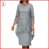 fulaide 1 Set Shawl Dress Flower Pattern Embroidered Lace Elegant Crew Neck Mid-calf Formal Dress Se