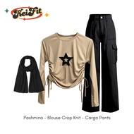 Valen 3in1 Korean Style Outfit Set (Blouse + Cargo Pants + Pashmina) Streetwear Teenage Outfit