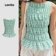 Lovito Boho Cute Top Gingham Smocked Summer/Spring Tank Top for Women L125AD139 Lovito Boho Baju Com