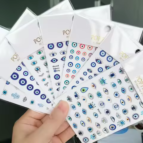 1 Sheet 3D Evil Eye Design Nail Art Stickers Abstract Line Blue Tattoo Nail Sliders DIY Self-Adhesiv